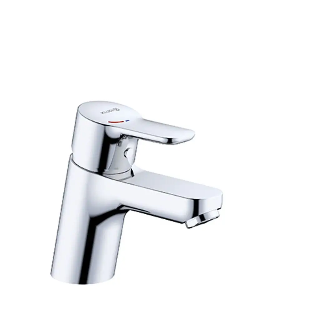 Waschtischarmatur in chrom von Kludi mit einem Hebelmischer, standardmäßig ausgelegt für die Montage an einem Waschbecken.